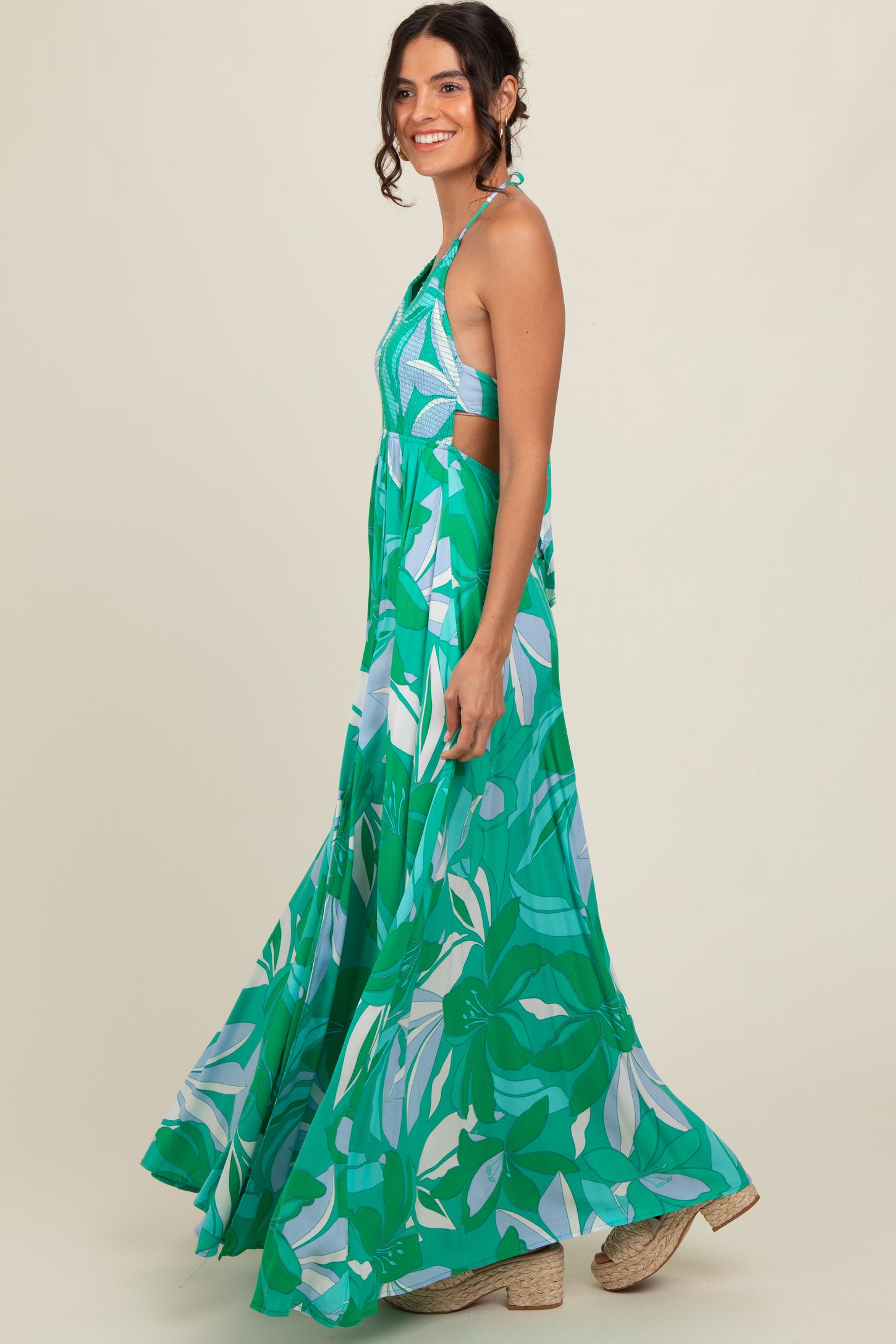 Green Floral Smocked Halter Open Back Maxi Dress Green Floral Smocked Halter Open Back Maxi Dress