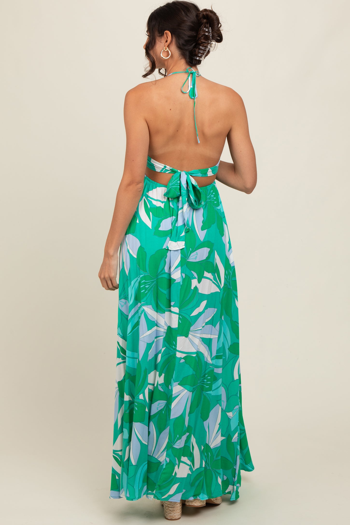 Green Floral Smocked Halter Open Back Maxi Dress PinkBlush Green Floral Smocked Halter Open Back Maxi Dress PinkBlush