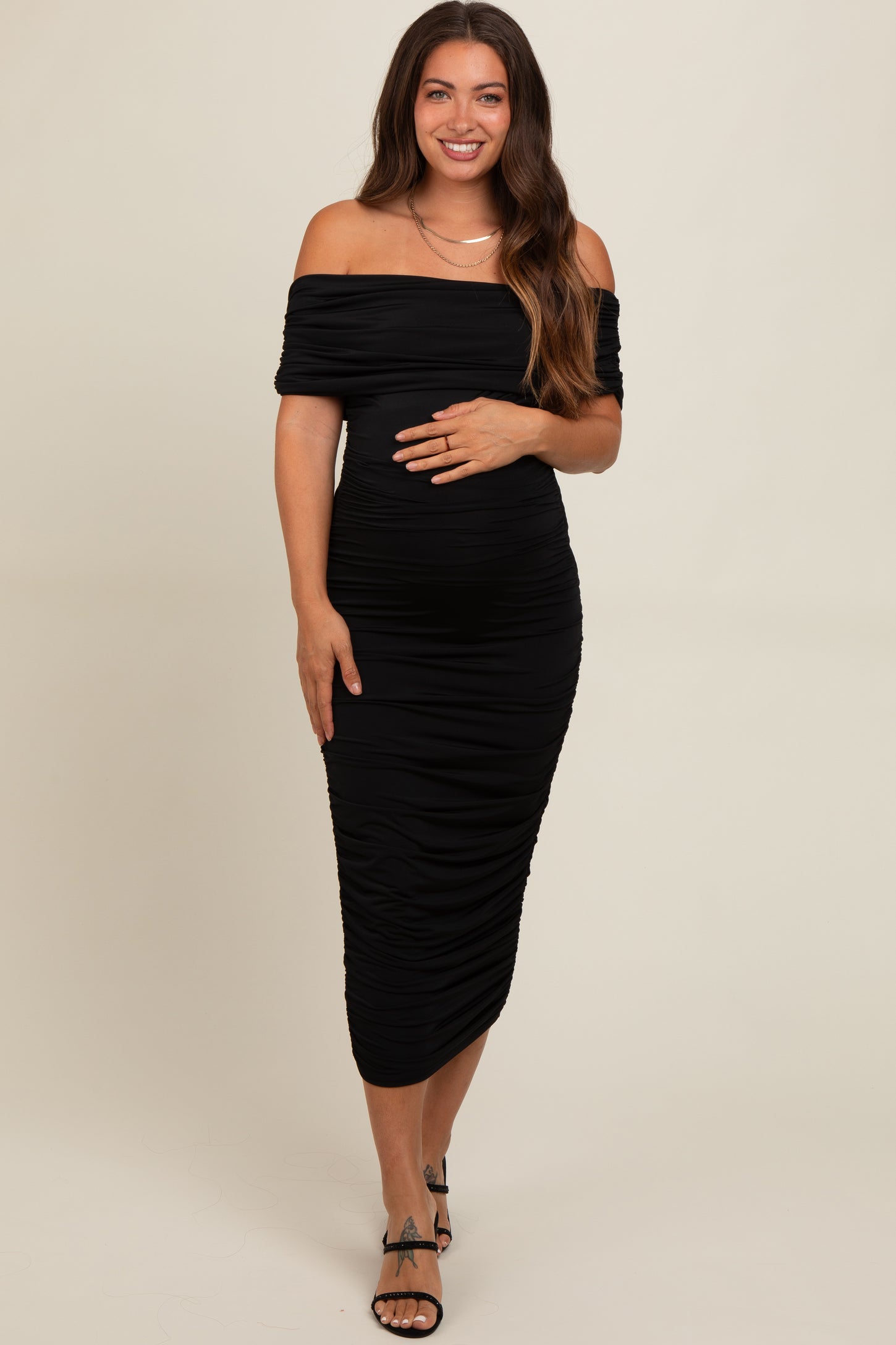 Black Off Shoulder Ruched Maternity Midi Dress – PinkBlush