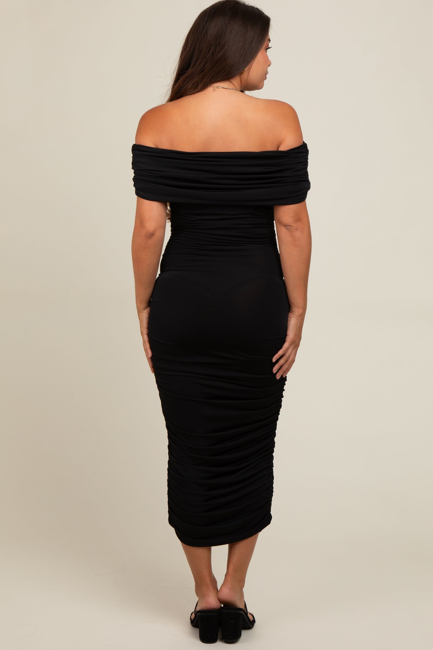 Black Off Shoulder Ruched Maternity Midi Dress PinkBlush Black Off Shoulder Ruched Maternity Midi Dress PinkBlush