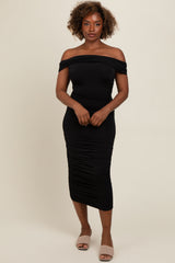 Black Off Shoulder Ruched Maternity Midi Dress