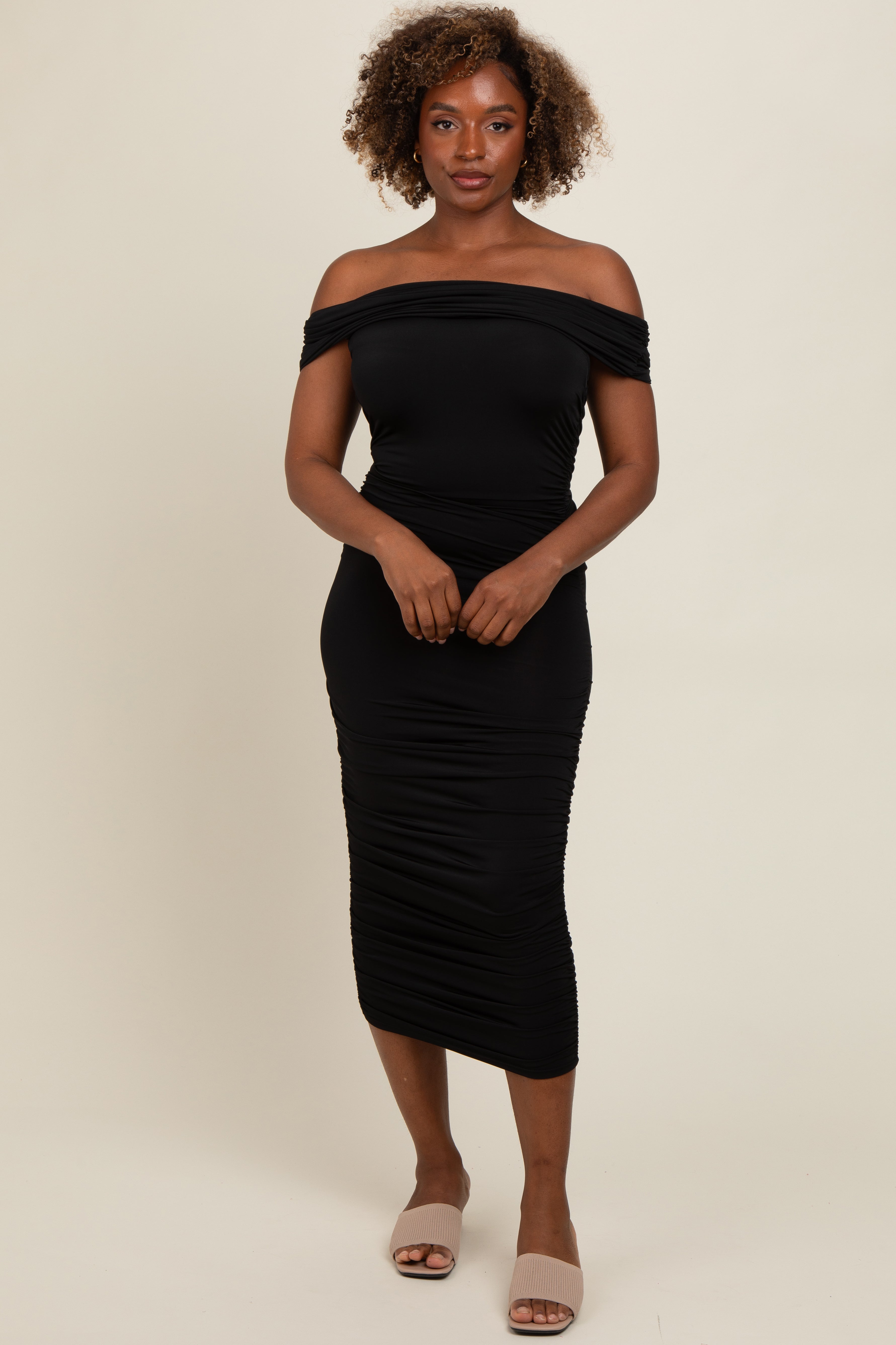 ready in a ruched off shoulder midi dress - black color:Mood Indigo Black Prom Dress Halter Fabric has some stretch cocktail party outfit