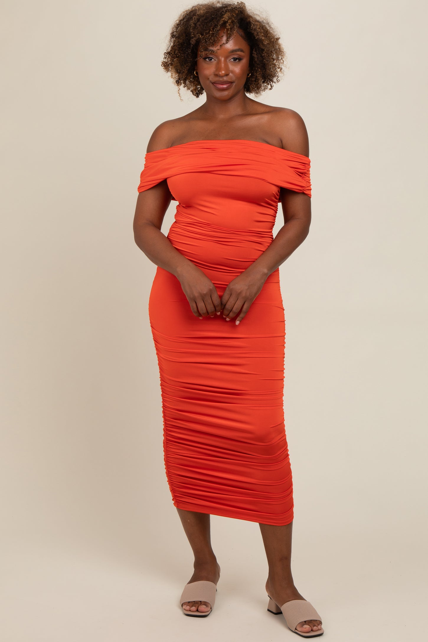 Orange Off Shoulder Ruched Maternity Midi Dress Orange Off Shoulder Ruched Maternity Midi Dress