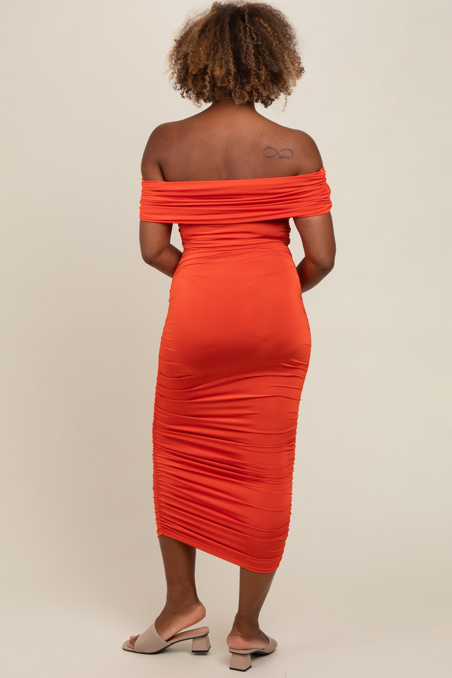 Orange Off Shoulder Ruched Midi Dress