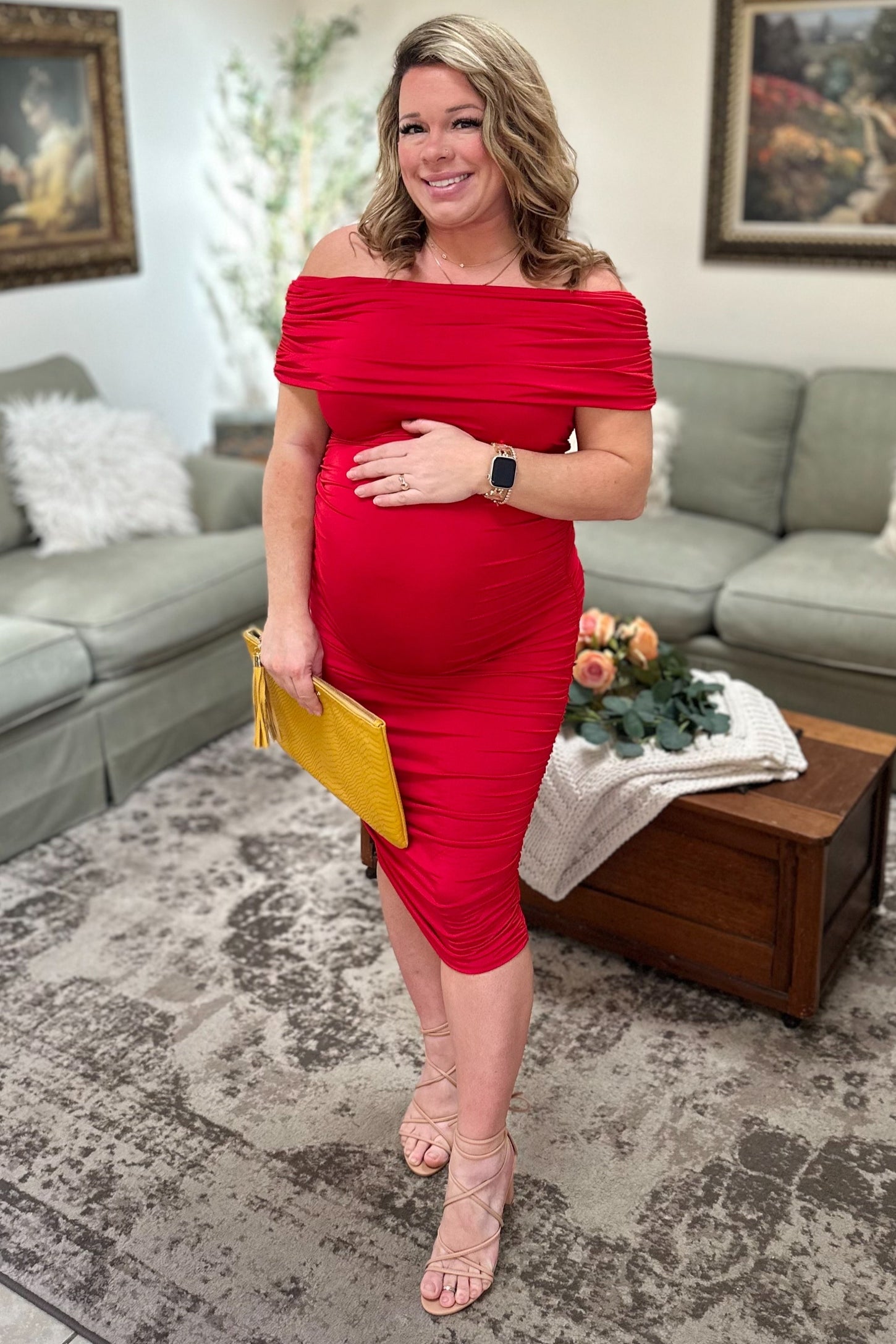Red Off Shoulder Ruched Maternity Midi Dress Red Off Shoulder Ruched Maternity Midi Dress