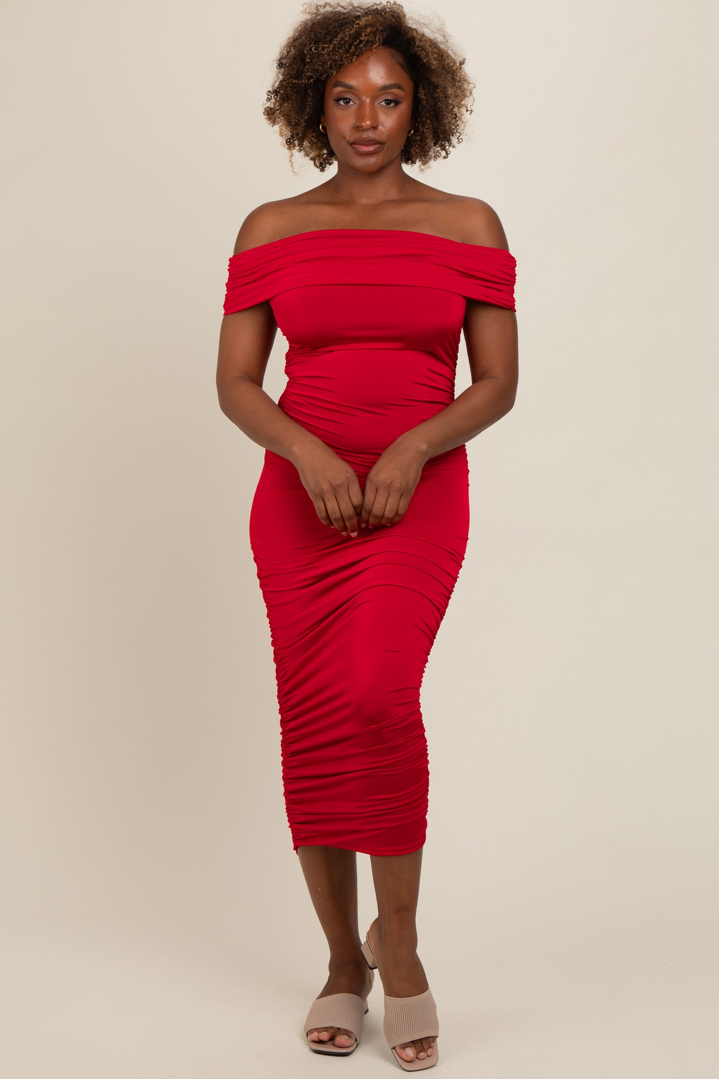 Red Off Shoulder Ruched Maternity Midi Dress