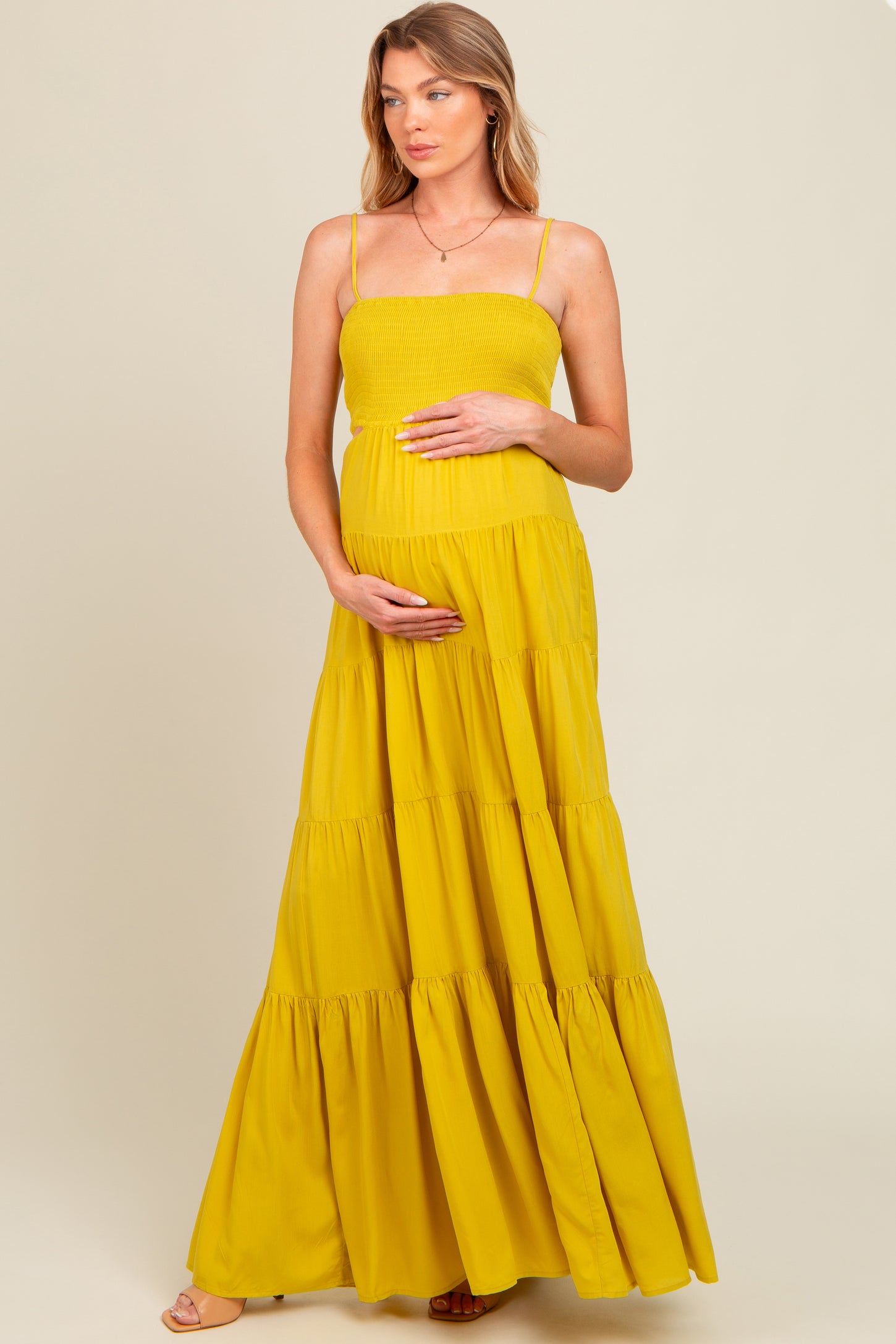 Yellow Smocked Cutout Maternity Maxi Dress