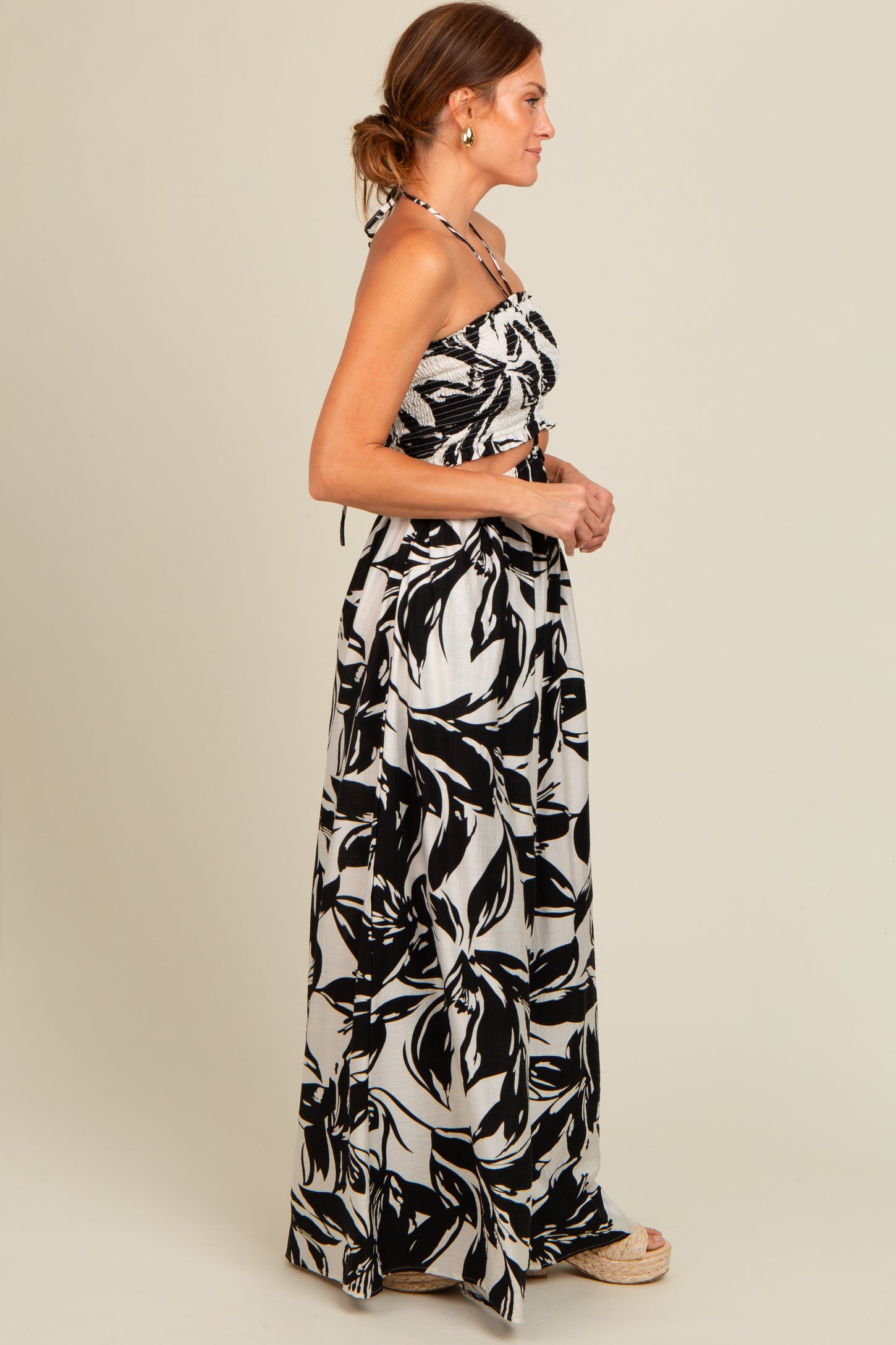 Black Tropical Print Cutout Smocked Jumpsuit
