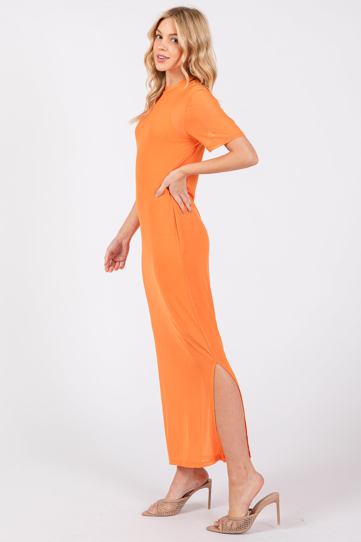orange mesh dress Orange Layered Mesh Maxi Dress