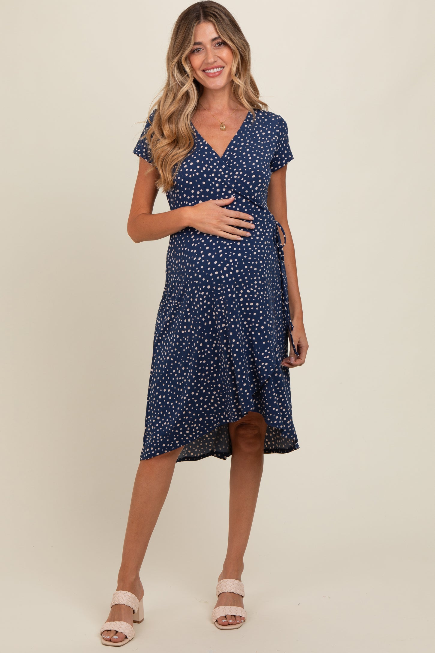 Navy Dot Print Wrap Maternity Nursing Midi Dress PinkBlush