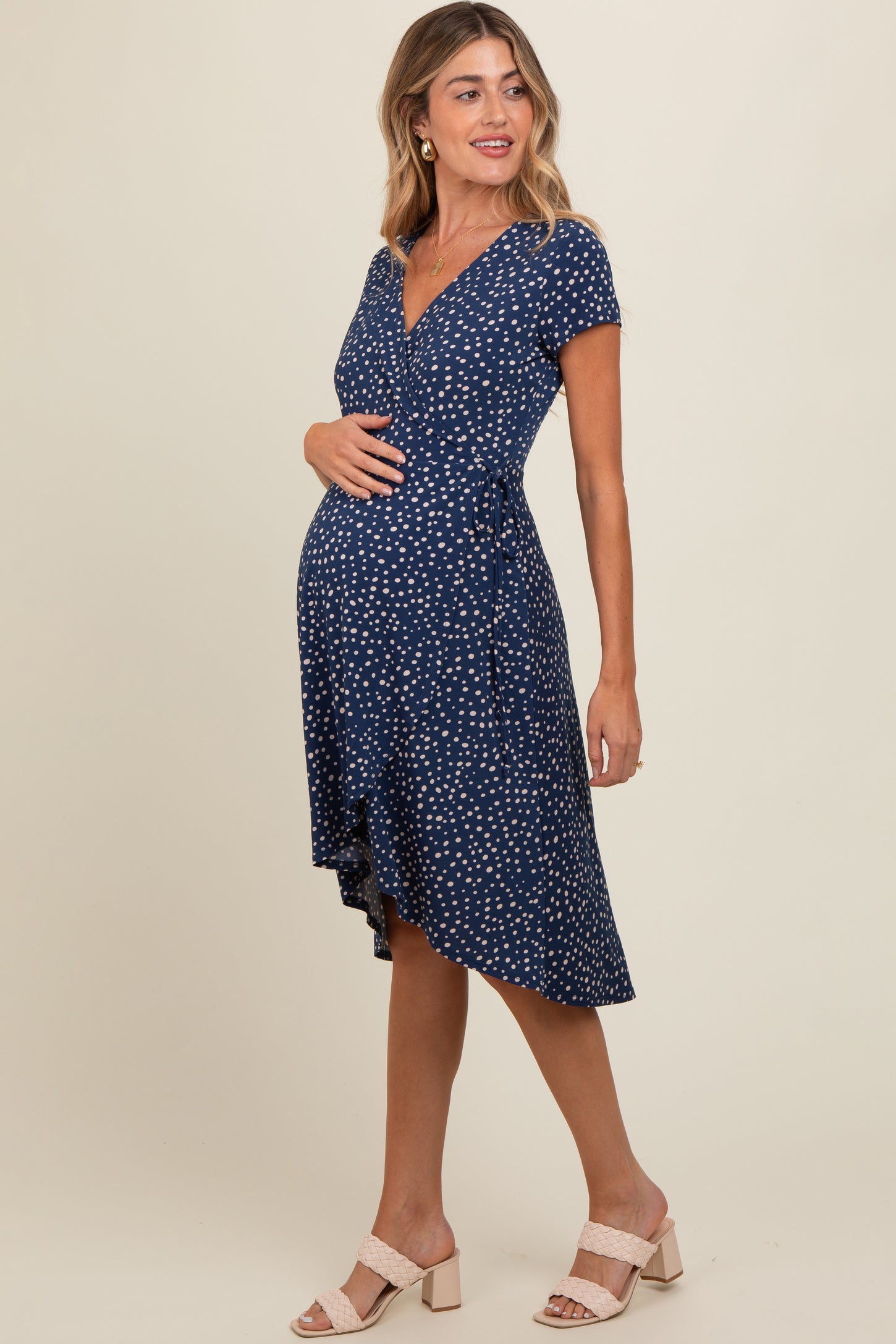 Navy Dot Print Wrap Maternity Nursing Midi Dress – PinkBlush Navy Dot Print Wrap Maternity Nursing Midi Dress – PinkBlush
