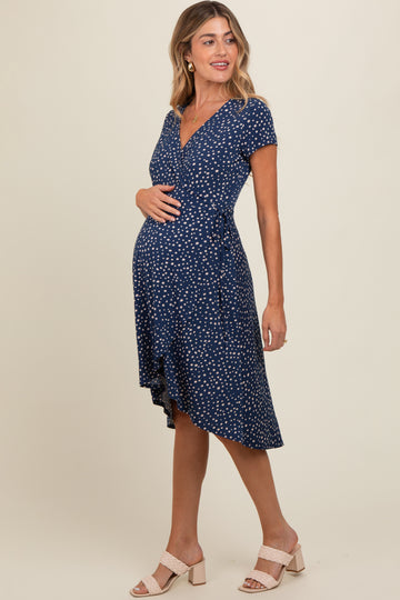 Navy Dot Print Wrap Maternity Nursing Midi Dress