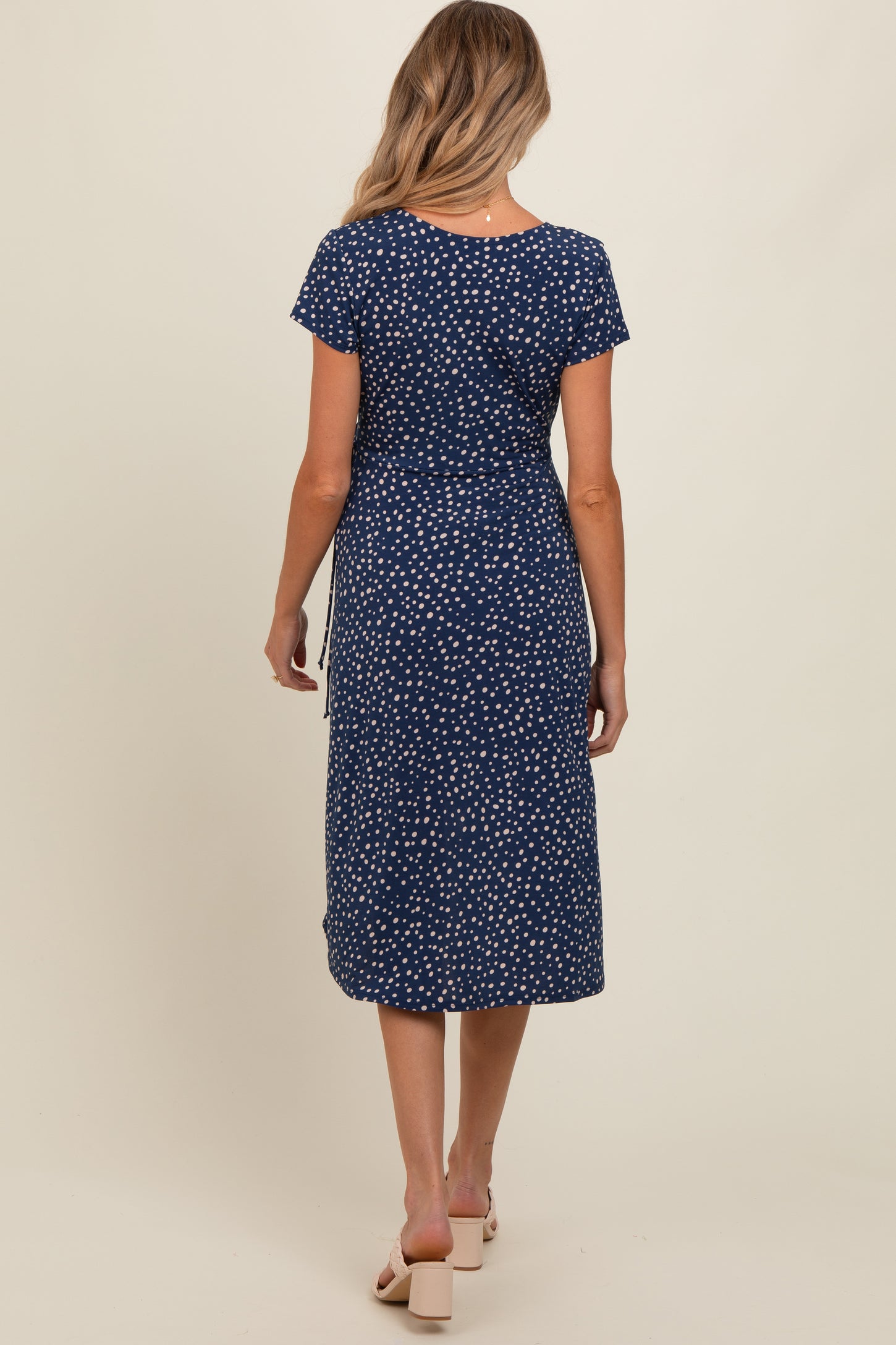Navy Dot Print Wrap Maternity Nursing Midi Dress PinkBlush