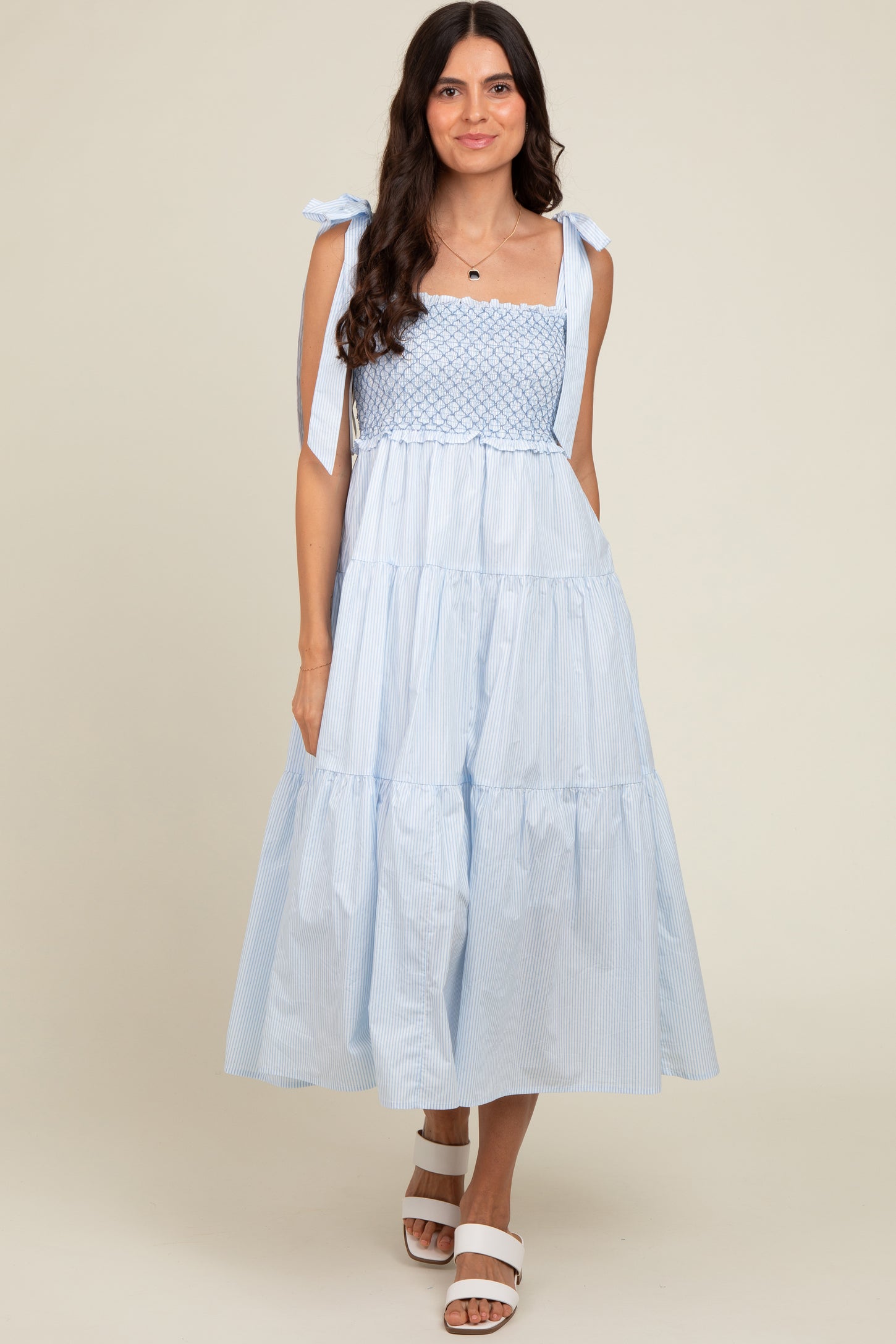 Blue Striped Smocked Tie Strap Maternity Midi Dress PinkBlush Blue Striped Smocked Tie Strap Maternity Midi Dress PinkBlush