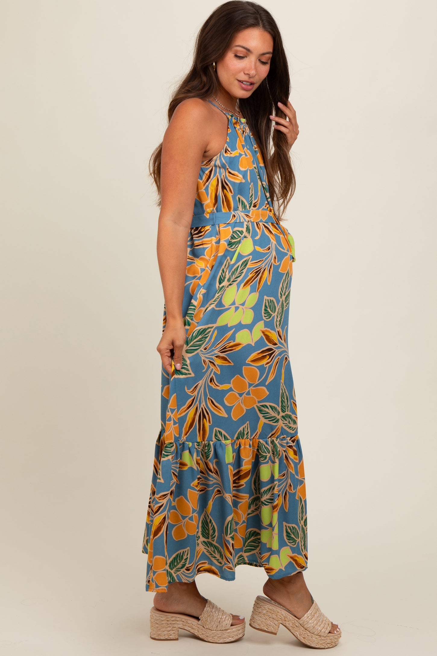 Blue Floral Open Back Maternity Midi Dress Blue Floral Open Back Maternity Midi Dress