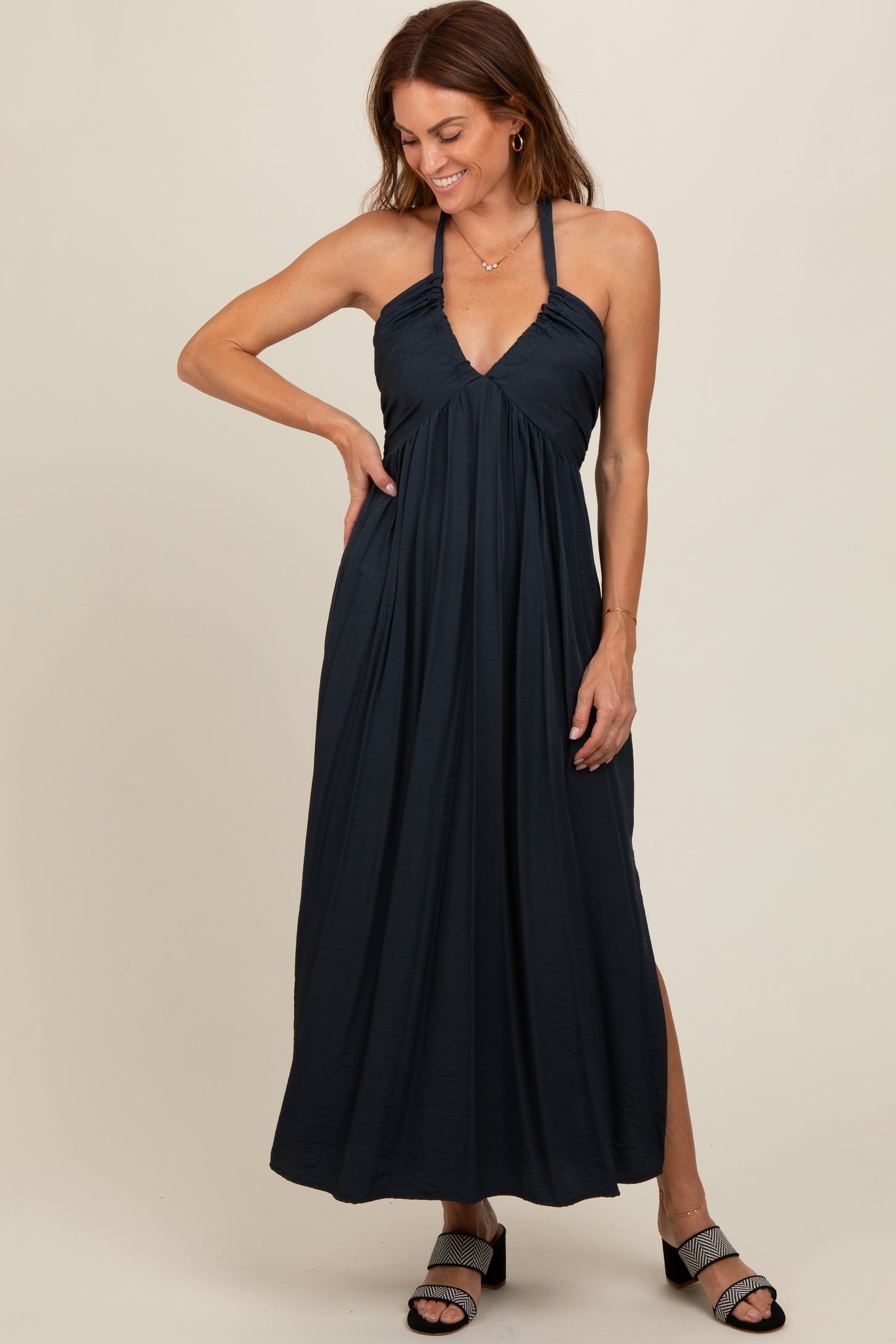 Charcoal Halter Deep V-Neck Maxi Dress PinkBlush Charcoal Halter Deep V-Neck Maxi Dress PinkBlush