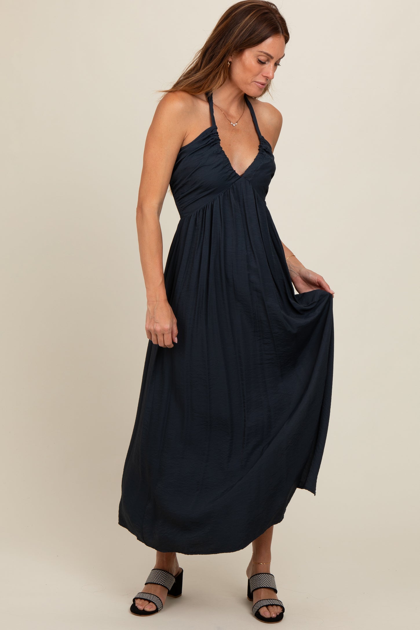 Charcoal Halter Deep V-Neck Maxi Dress PinkBlush Charcoal Halter Deep V-Neck Maxi Dress PinkBlush