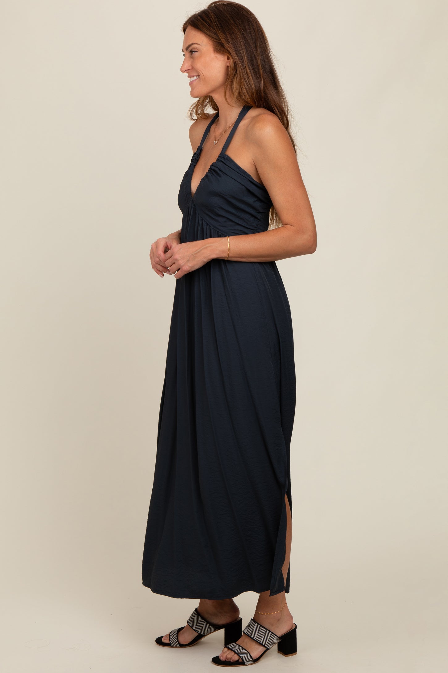 Charcoal Halter Deep V-Neck Maxi Dress PinkBlush Charcoal Halter Deep V-Neck Maxi Dress PinkBlush