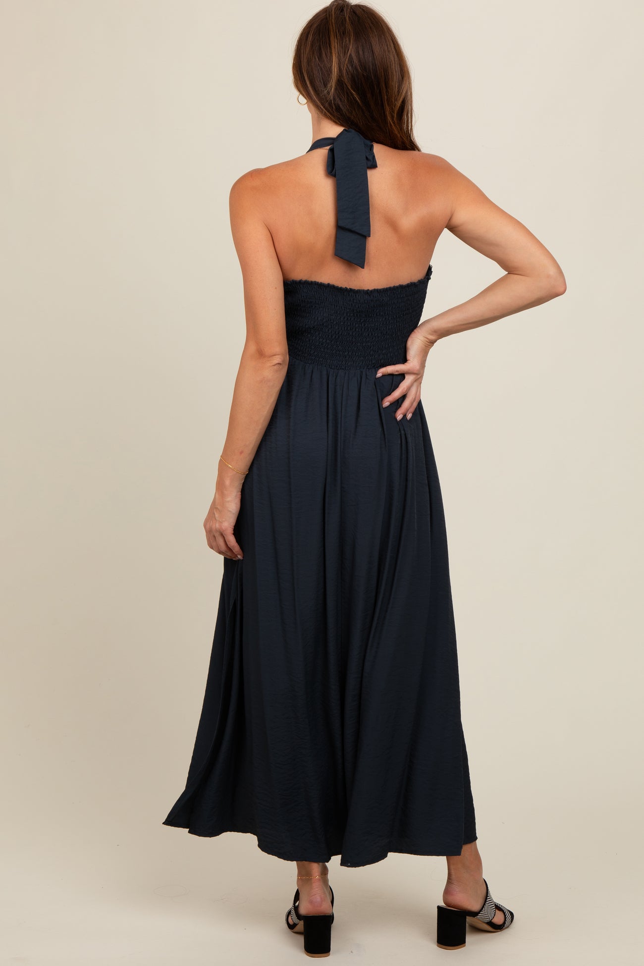 deep v halter dress SOLY HUX Women's Tie Backless Cut Out Neck High Split Long Flowy Dresses Orange Geometric Medium at Amazon Women's Clothing store neckline is extra head Halter Mini Dress with Drape