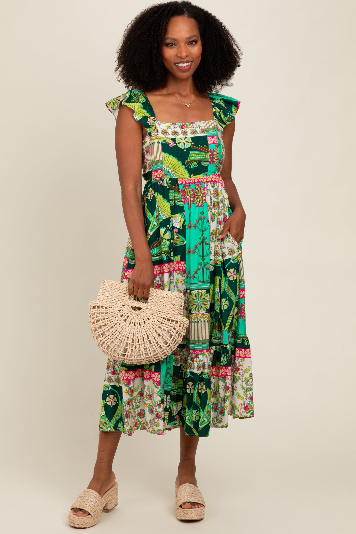 Green Patchwork Print Midi Dress