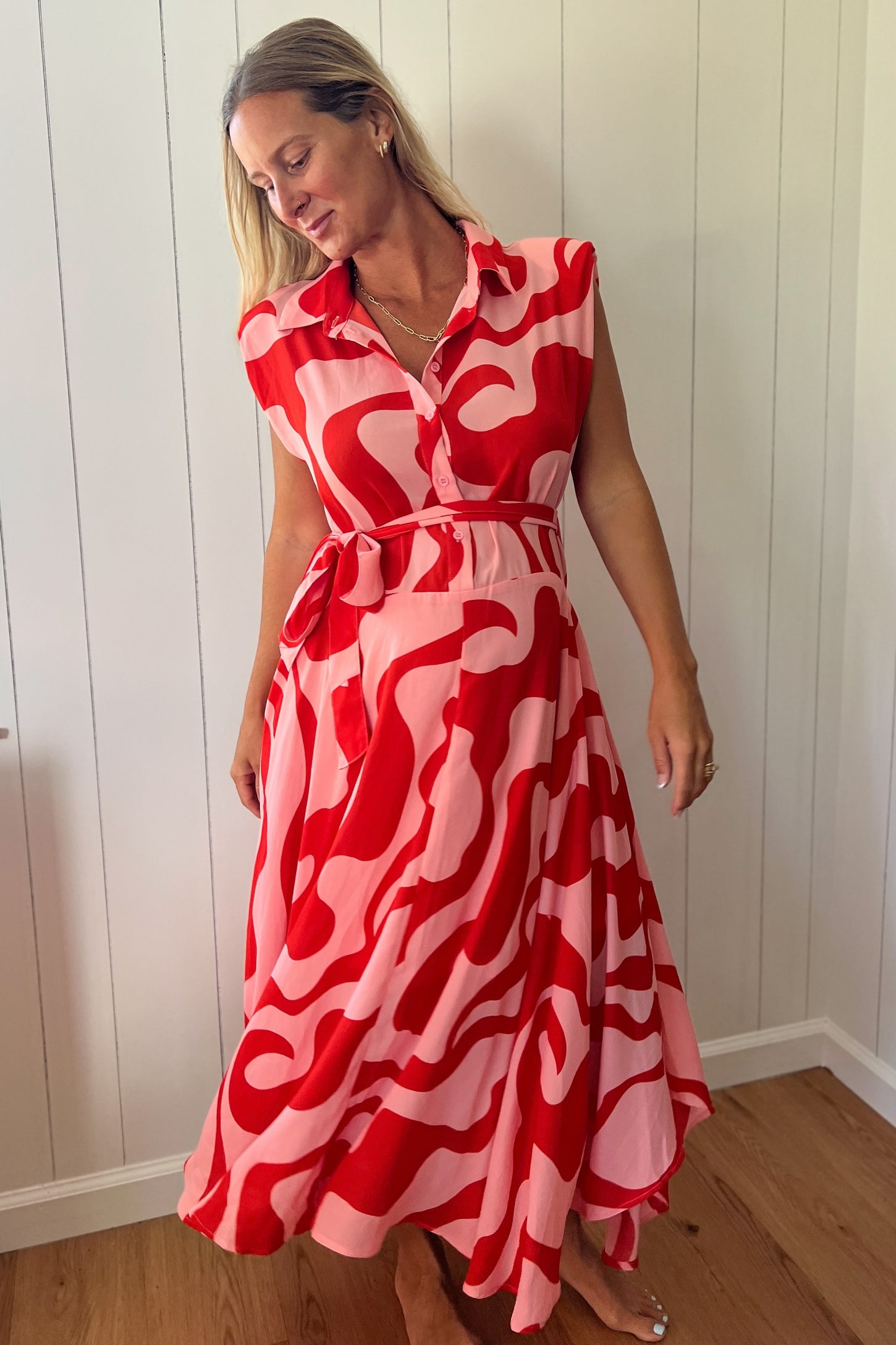 Red Abstract Print Collared Belted Maternity Dress