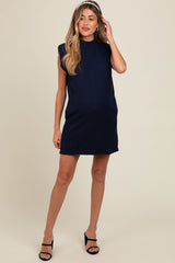 Navy Textured Knit Mock Neck Maternity Mini Dress