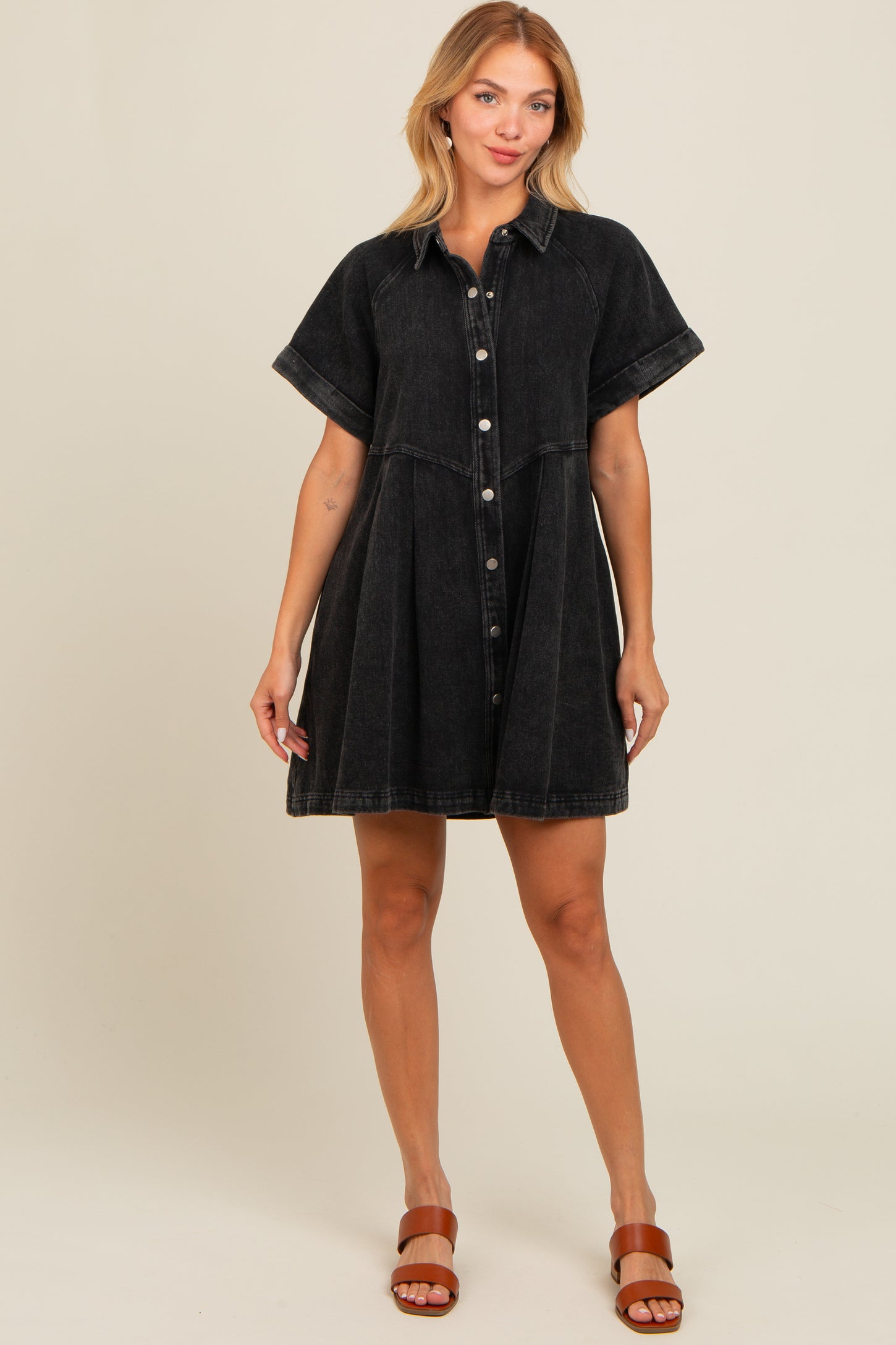 Black Denim Button Down Mini Dress PinkBlush Black Denim Button Down Mini Dress PinkBlush
