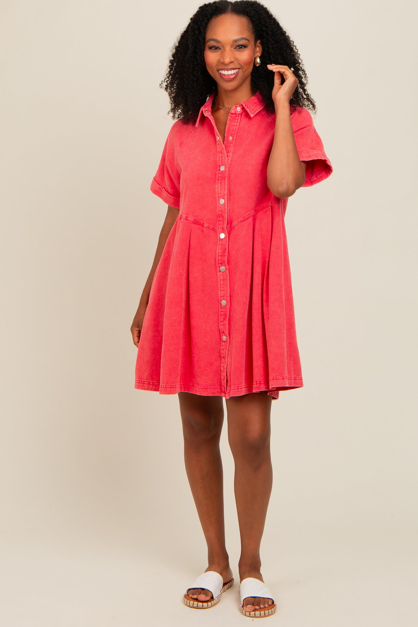 Red Denim Button Down Mini Dress – PinkBlush