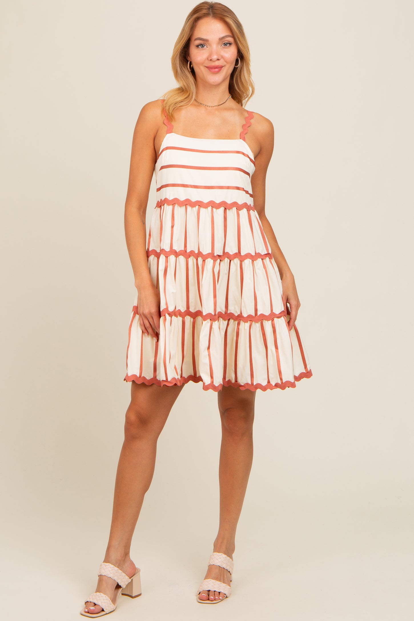 Rust Contrast Stripe Wavy Trim Maternity Dress