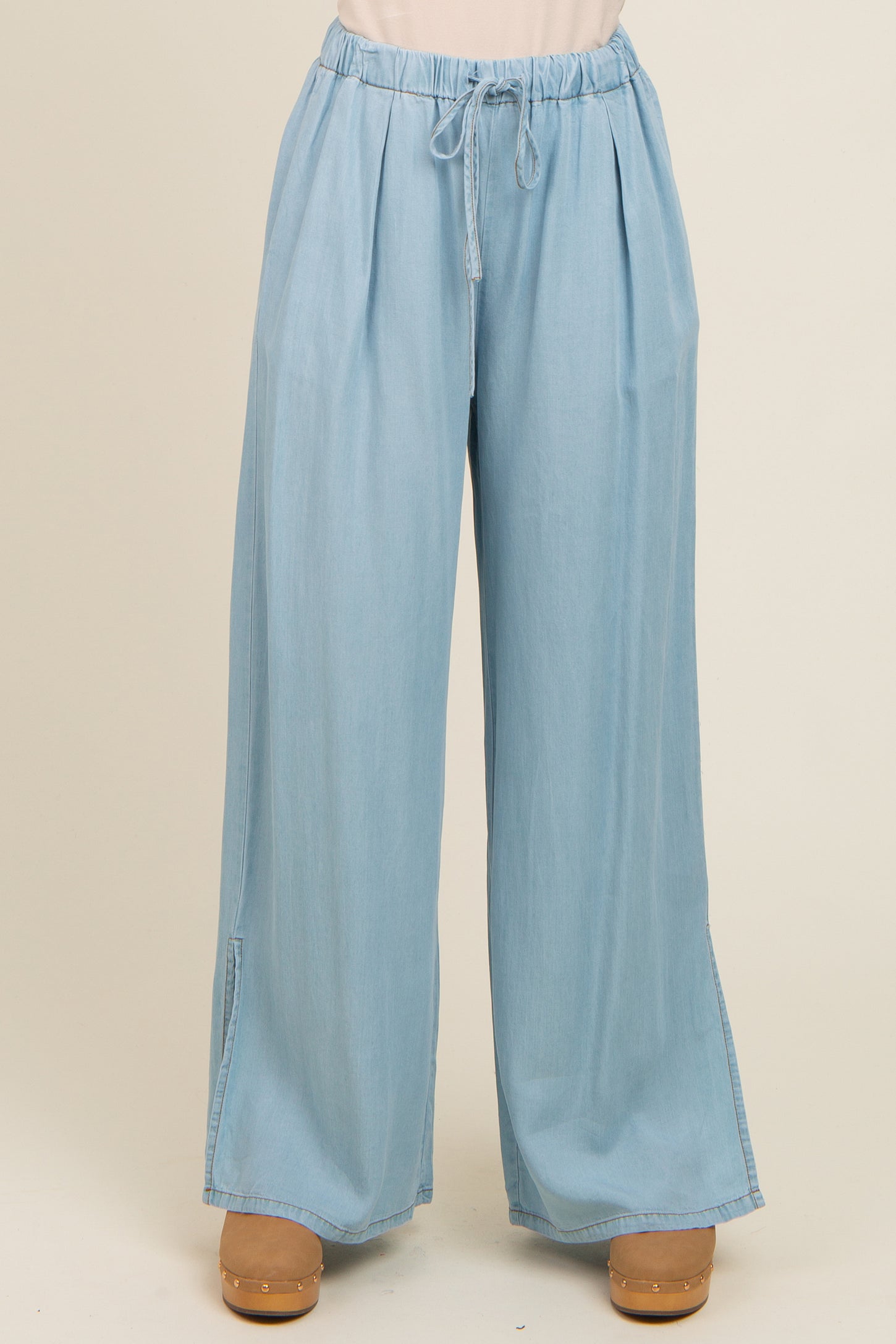 Light Blue Chambray Wide Leg Drawstring Pants