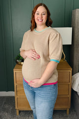 Beige Contrast Band Maternity Sweater