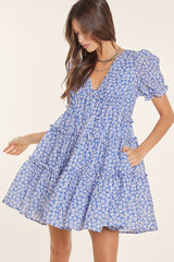 Blue Floral Puff Sleeve Babydoll Mini Dress