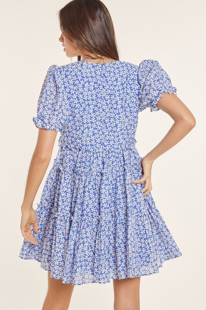 Blue Floral Puff Sleeve Babydoll Mini Dress – PinkBlush