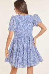 Blue Floral Puff Sleeve Babydoll Mini Dress