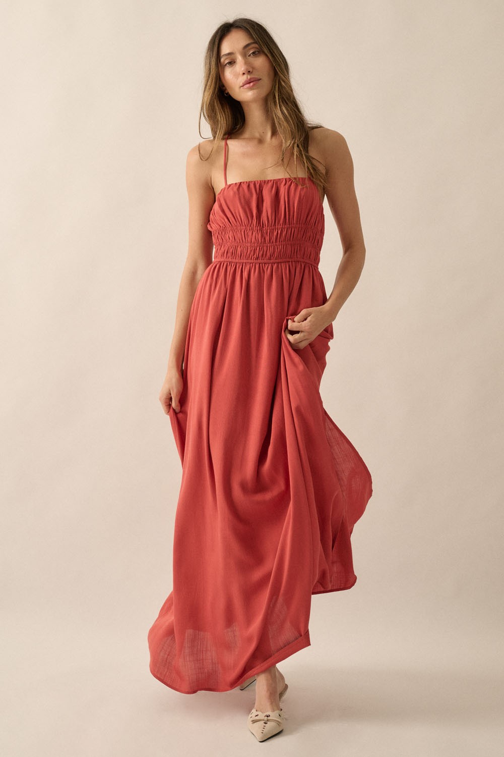 Rust Solid Gather-Bodice Straight-Neck Maxi Dress PinkBlush Rust Solid Gather-Bodice Straight-Neck Maxi Dress PinkBlush