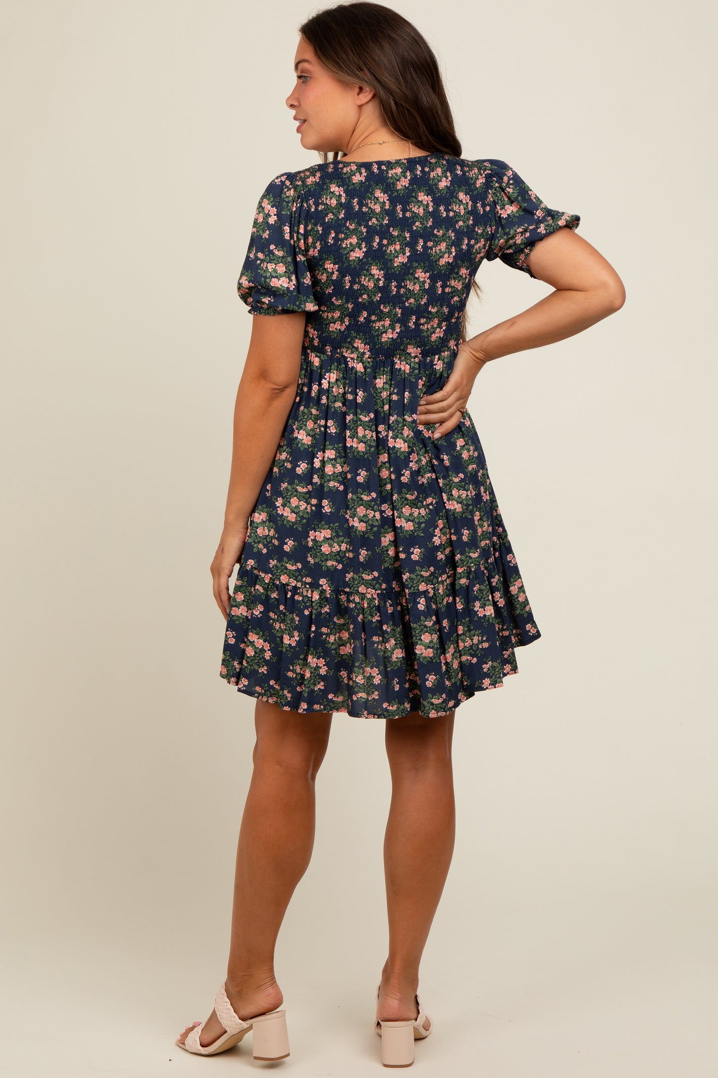 Navy Blue Floral Smocked Puff Sleeve Maternity Dress