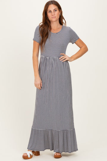 Navy Striped Short Sleeve Maxi Dress