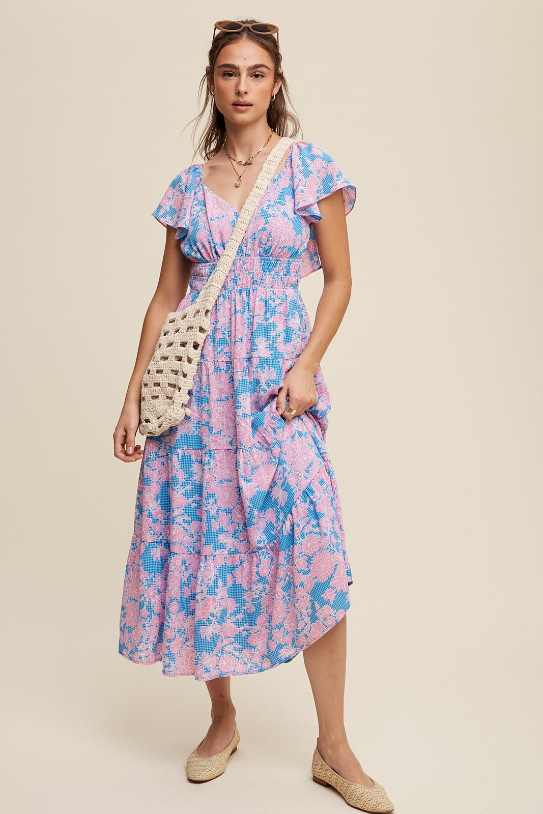 Blue Floral Print V-Neck Ruffle Sleeve Maxi Dress Blue Floral Print V-Neck Ruffle Sleeve Maxi Dress