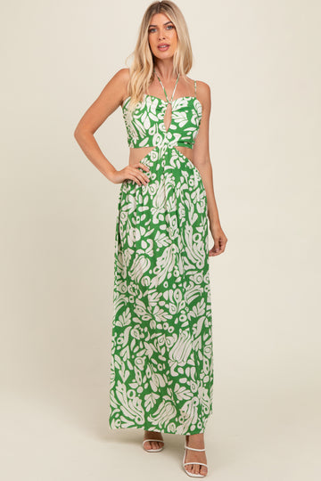 Green Printed Halter Cut-Out Maxi Dress