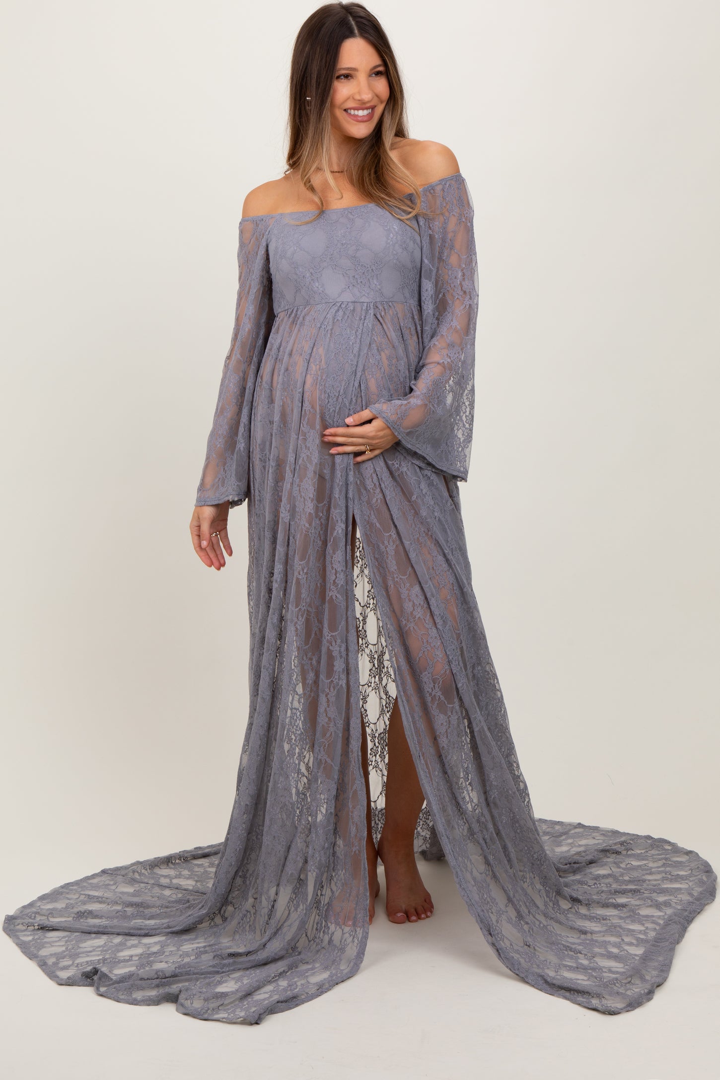 Gray Lace Long Sleeve Off Shoulder Slit Draped Maternity Photoshoot Dr PinkBlush Gray Lace Long Sleeve Off Shoulder Slit Draped Maternity Photoshoot Dr PinkBlush