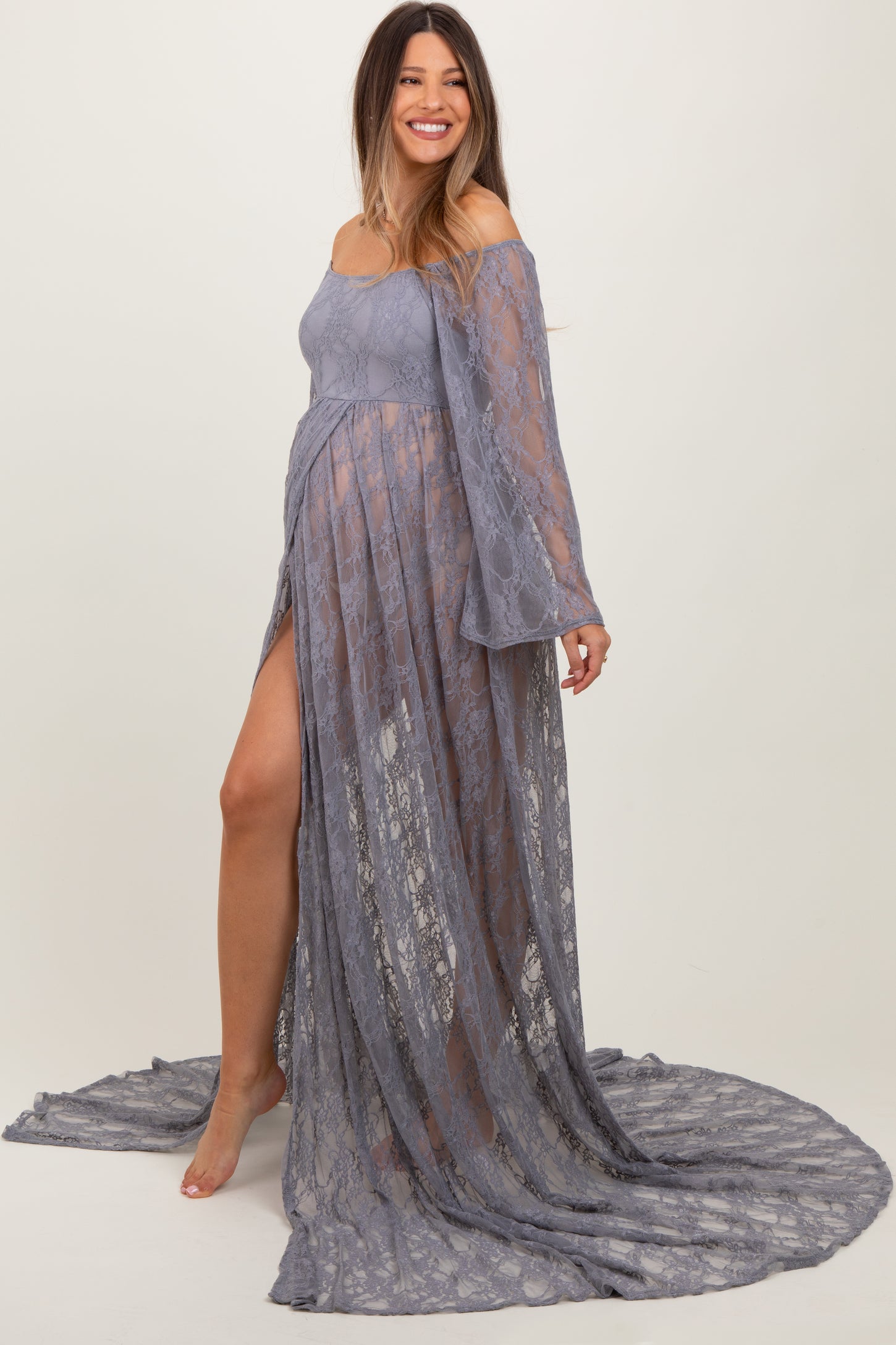 Gray Lace Long Sleeve Off Shoulder Slit Draped Maternity Photoshoot Dr PinkBlush Gray Lace Long Sleeve Off Shoulder Slit Draped Maternity Photoshoot Dr PinkBlush
