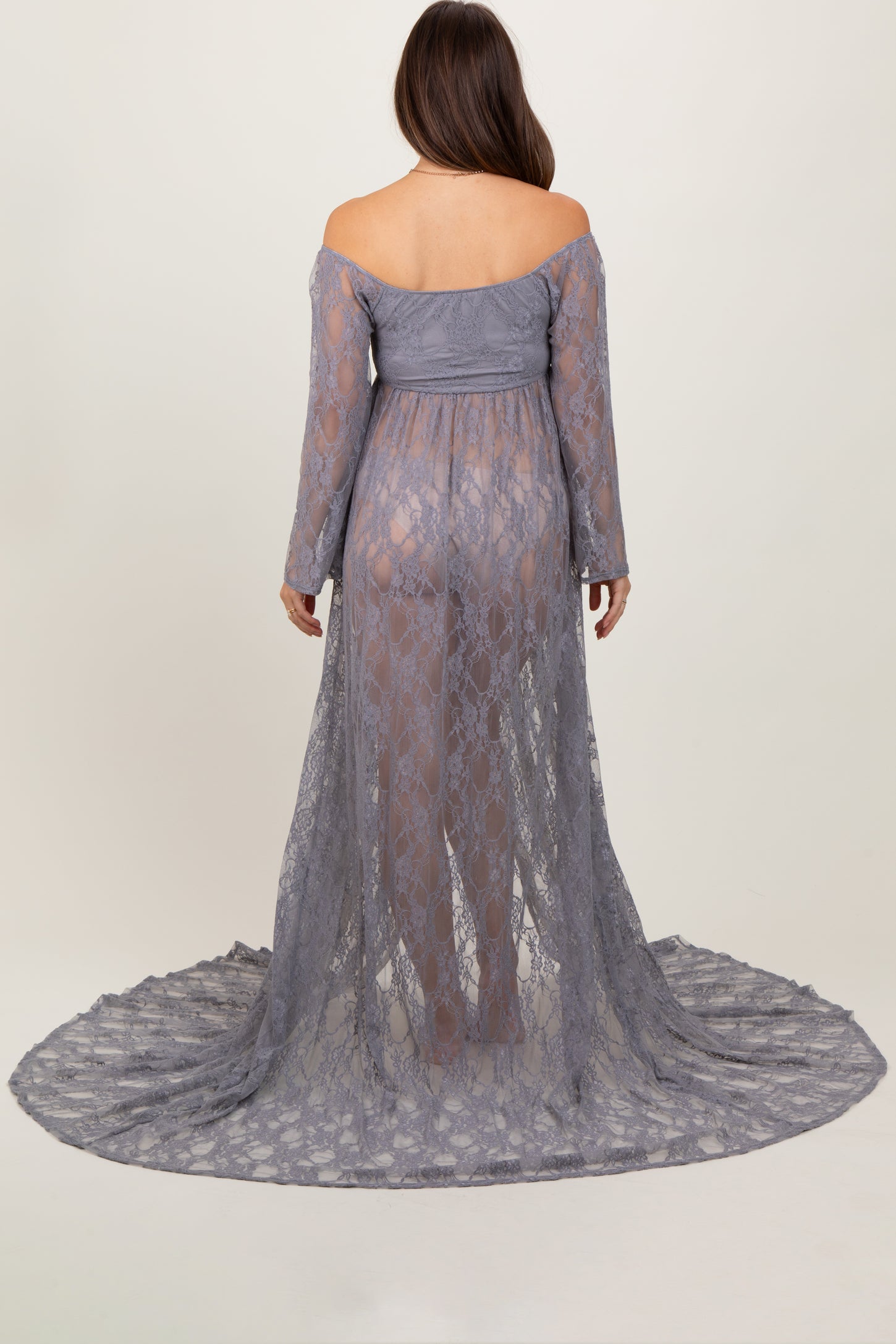Gray Lace Long Sleeve Off Shoulder Slit Draped Maternity Photoshoot Dr PinkBlush Gray Lace Long Sleeve Off Shoulder Slit Draped Maternity Photoshoot Dr PinkBlush