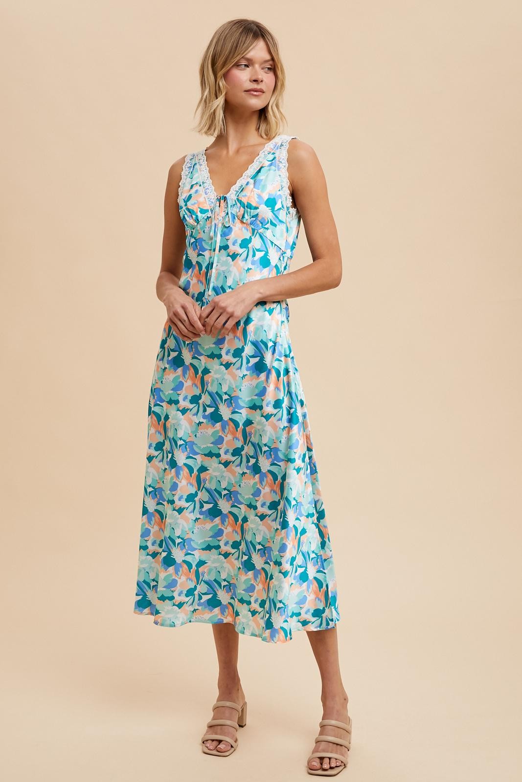 satin floral midi dress Blue Multi Satin Floral Sleeveless Midi Dress