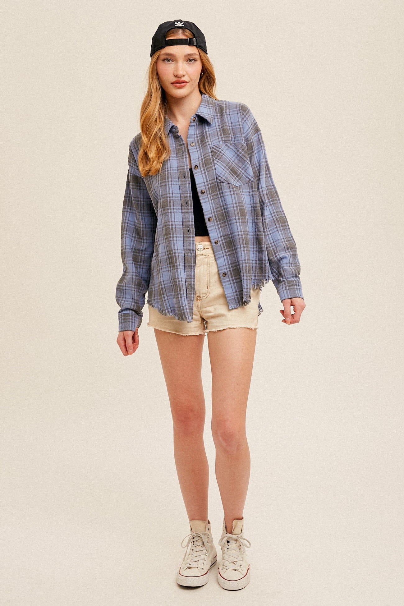 dusty blue dress shirt Dusty Blue Fringe Hem Oversized Plaid Button Down Shirt – PinkBlush