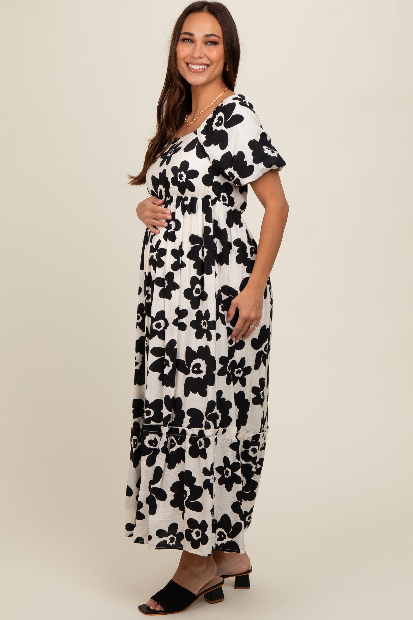 Black Floral Puff Sleeve Maternity Maxi Dress