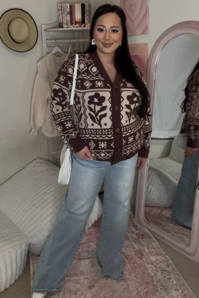 Mocha Printed Maternity Button Up Cardigan