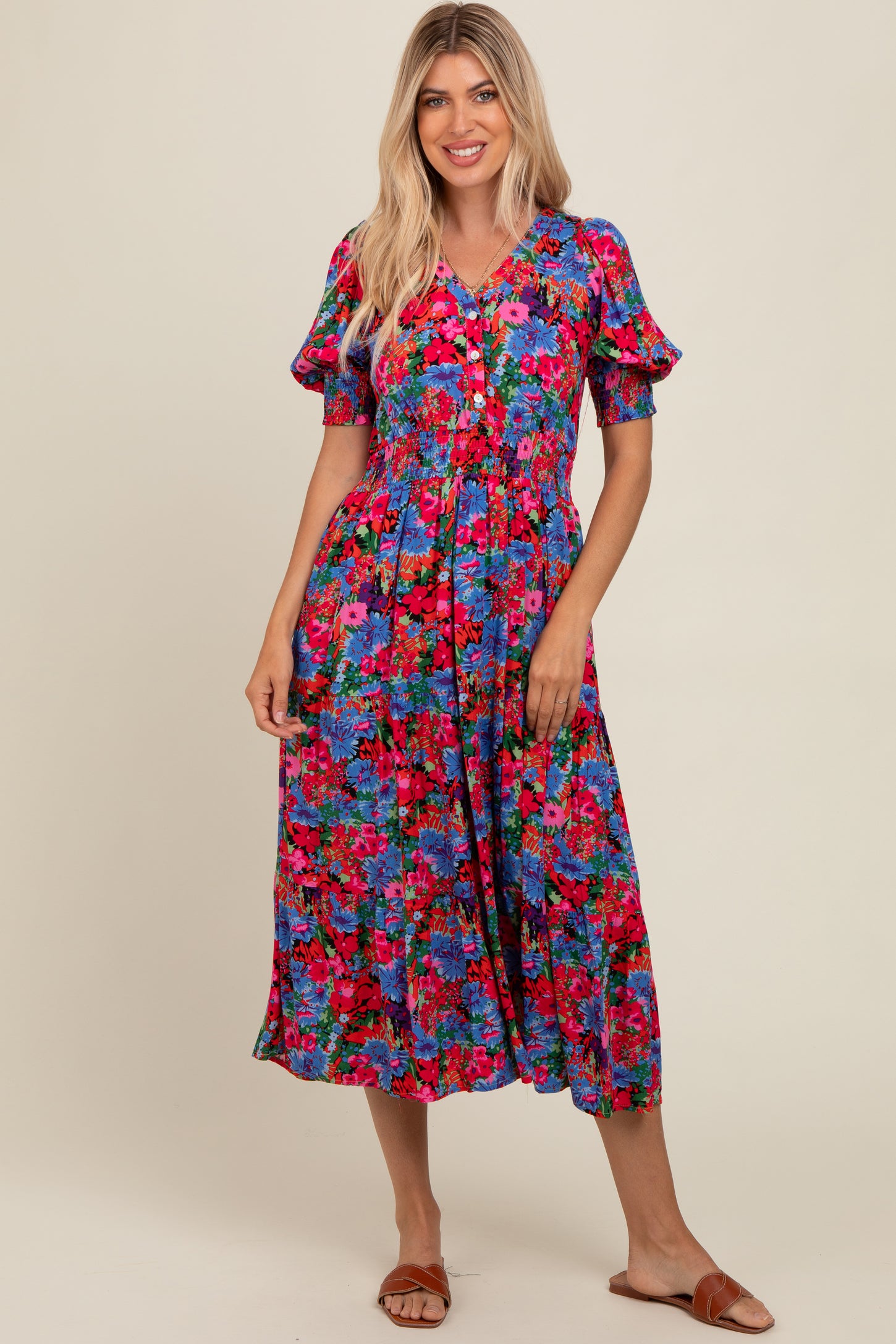 blue floral smock midi dress Blue Floral Smocked Rollins Maxi Dress