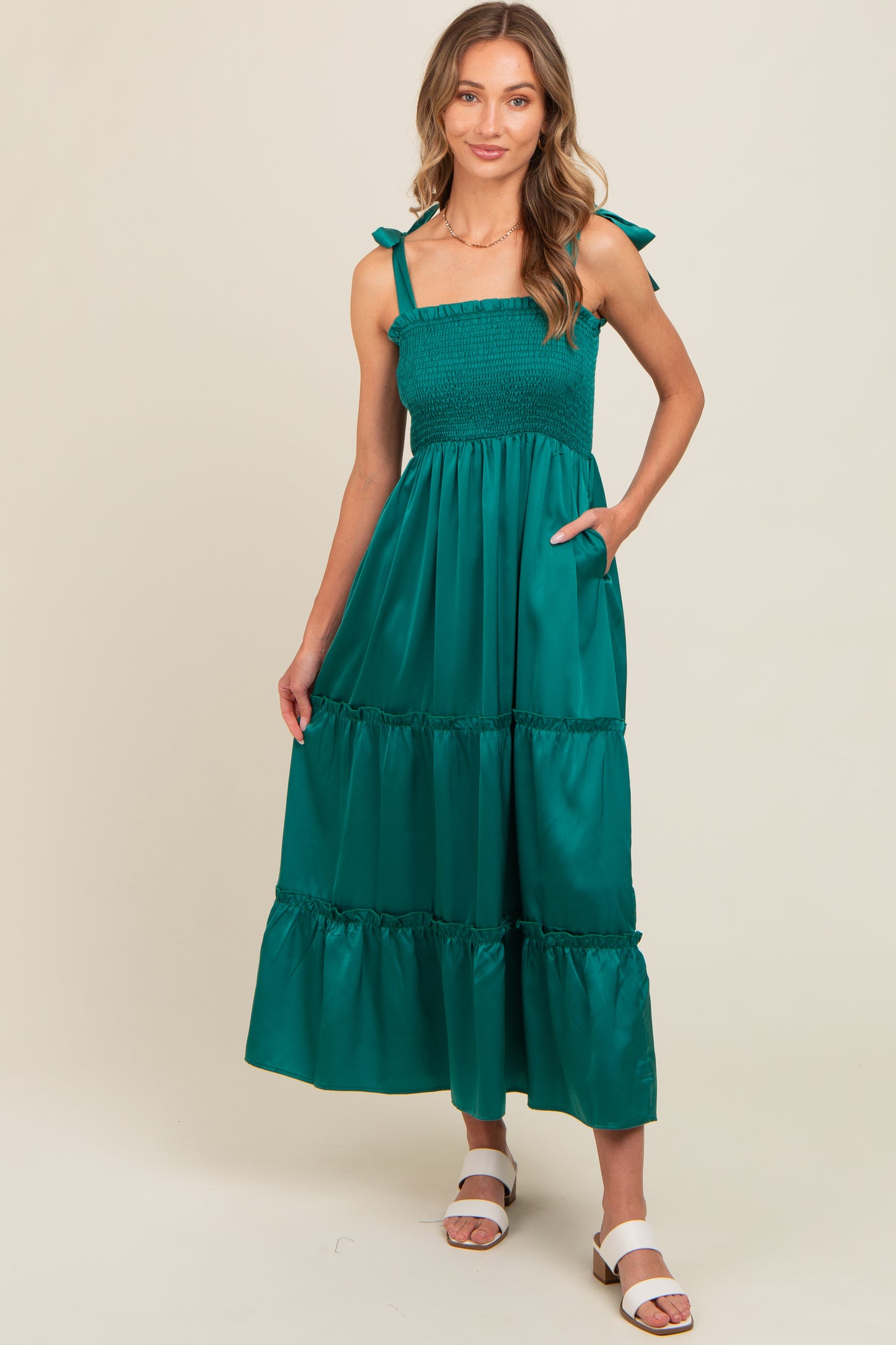 Forest Green Satin Smocked Maternity Maxi Dress