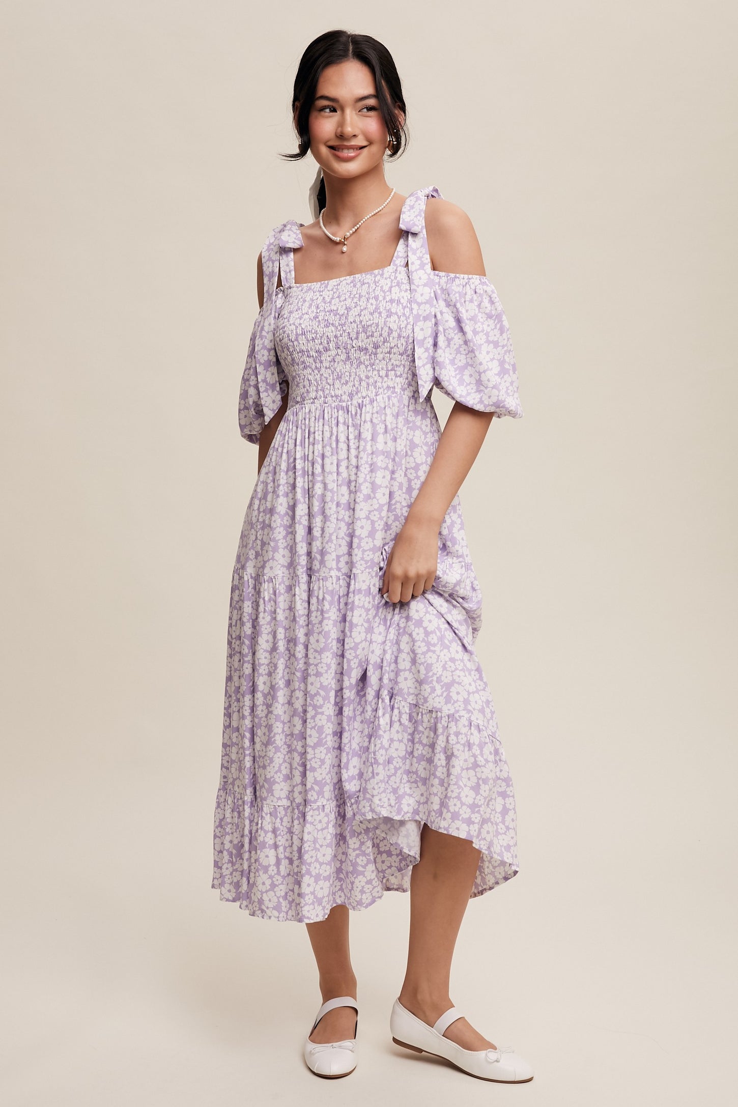 smocked off the shoulder floral dress Chic Petals Smocked Floral Off-Shoulder Maxi Dress Black / S