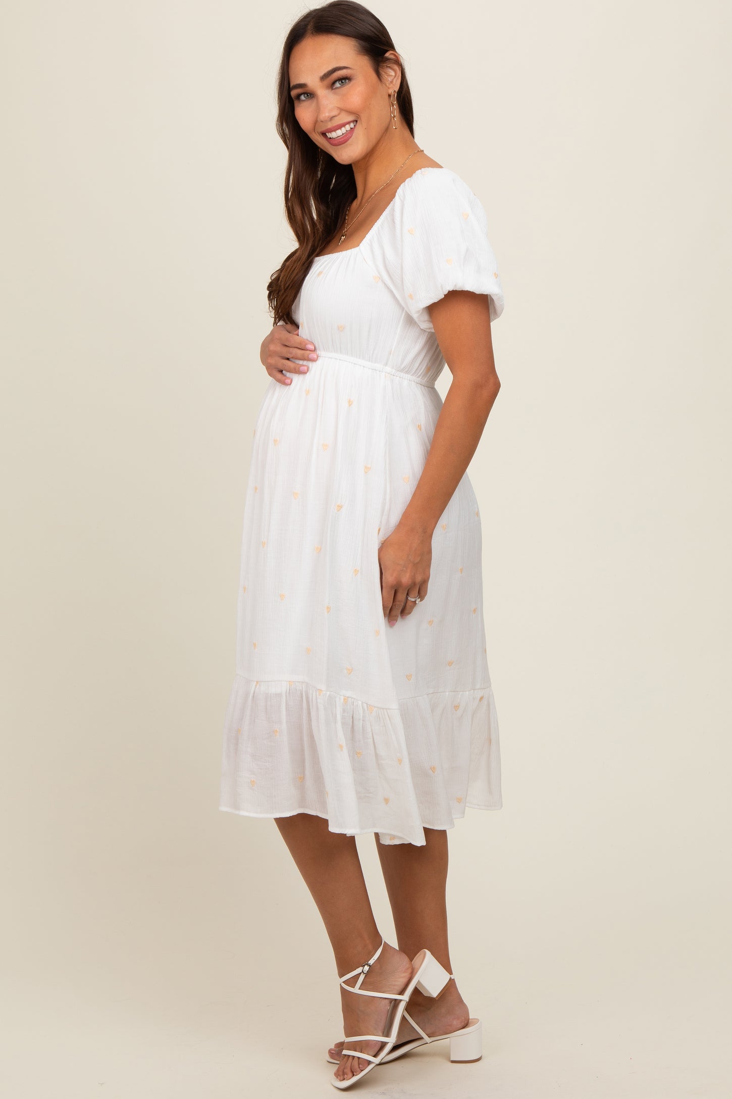 White Heart Embroidered Short Puff Sleeve Maternity Midi Dress PinkBlush White Heart Embroidered Short Puff Sleeve Maternity Midi Dress PinkBlush